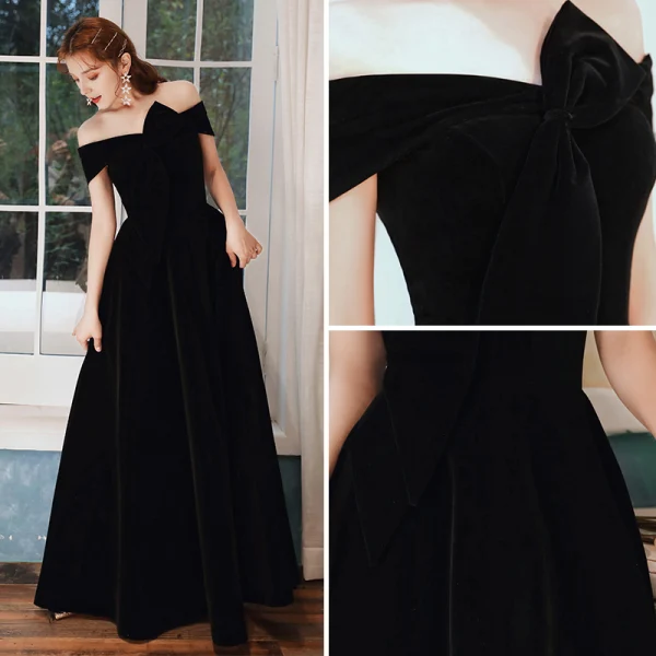 Chic / Beautiful Black Evening Dresses 2020 A-Line / Princess Suede Off-The-Shoulder Bow Sleeveless Backless Floor-Length / Long Formal Dresses