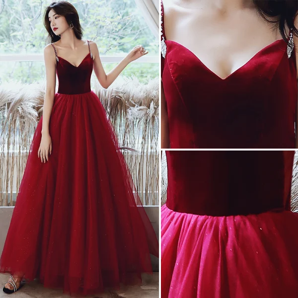 Chic / Beautiful Burgundy Prom Dresses 2020 A-Line / Princess Spaghetti Straps Suede Sleeveless Backless Sequins Floor-Length / Long Formal Dresses