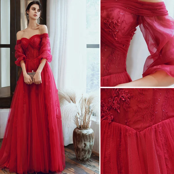 Charmant Bordeaux Robe De Soirée 2020 Princesse De l'épaule Perlage Paillettes En Dentelle Fleur 1/2 Manches Dos Nu Longue Robe De Ceremonie