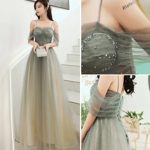 Elegant Army Green Evening Dresses  2020 A-Line / Princess Spaghetti Straps Beading Sequins Short Sleeve Backless Floor-Length / Long Formal Dresses