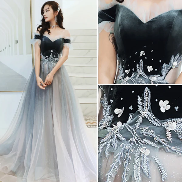 Charmant Bleu Marine Robe De Soirée 2020 Princesse Daim De l'épaule Perlage Paillettes En Dentelle Fleur Manches Courtes Dos Nu Longue Robe De Ceremonie