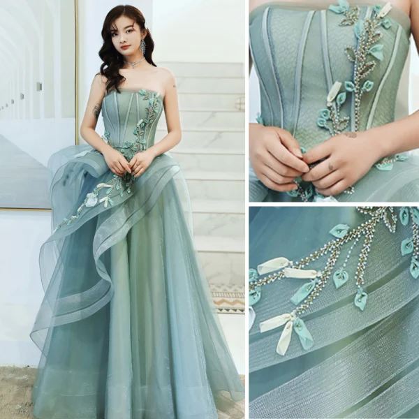 Elegant Mint Green Evening Dresses 2020 A-Line / Princess Strapless Beading Appliques Sleeveless Backless Cascading Ruffles Floor-Length / Long Formal Dresses