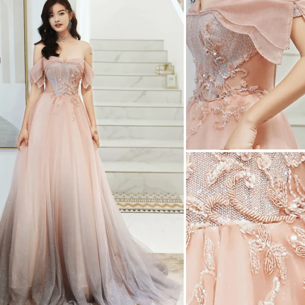 Fashion Blushing Pink Evening Dresses 2020 A-Line / Princess Off-The-Shoulder Beading Sequins Lace Flower Sleeveless Backless Sweep Train Formal Dresses