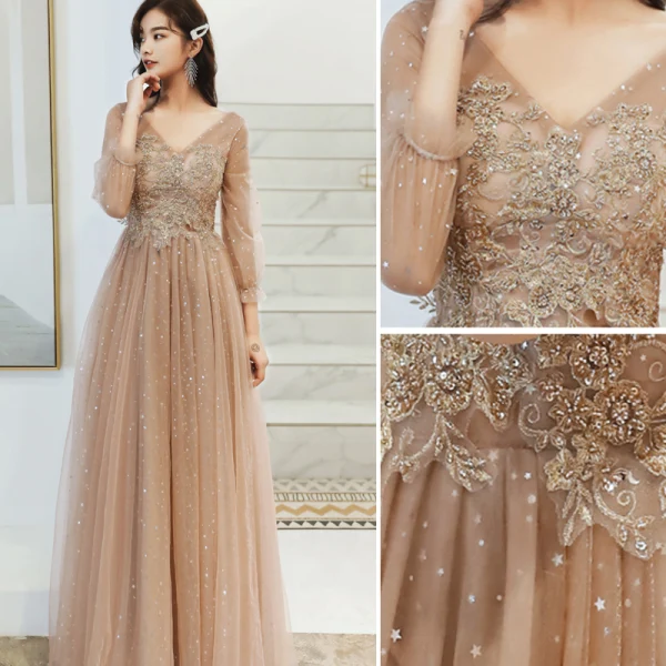 Eleganta Champagne Aftonklänningar 2020 Prinsessa V-Hals Beading Stjärna Paljetter Spets Blomma Långärmad Halterneck Långa Formella Klänningar