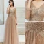 Eleganta Champagne Aftonklänningar 2020 Prinsessa V-Hals Beading Stjärna Paljetter Spets Blomma Långärmad Halterneck Långa Formella Klänningar