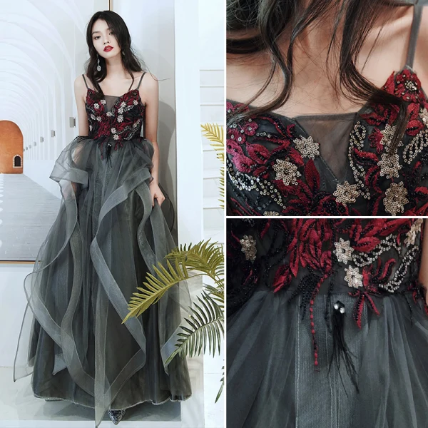 Chic / Belle Noire Robe De Bal 2020 Princesse Bretelles Spaghetti Perlage En Dentelle Fleur Sans Manches Dos Nu Longue Robe De Ceremonie