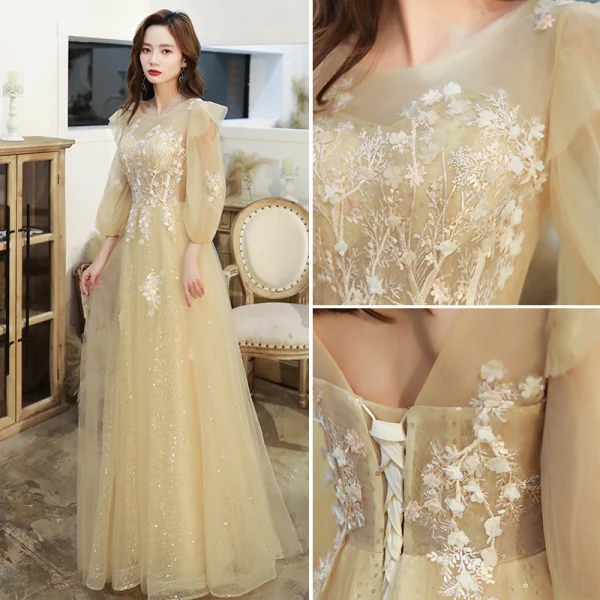 Chic / Beautiful Yellow Prom Dresses 2020 A-Line / Princess Scoop Neck Lace Flower Appliques Sequins Long Sleeve Backless Floor-Length / Long Formal Dresses