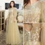 Chic / Beautiful Yellow Prom Dresses 2020 A-Line / Princess Scoop Neck Lace Flower Appliques Sequins Long Sleeve Backless Floor-Length / Long Formal Dresses