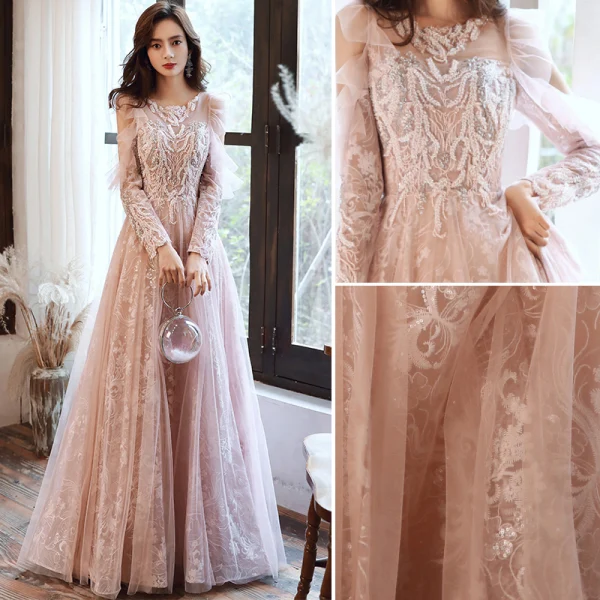 Charmant Rougissant Rose Robe De Soirée 2020 Princesse Encolure Dégagée Perlage Paillettes En Dentelle Fleur Manches Longues Dos Nu Longue Robe De Ceremonie