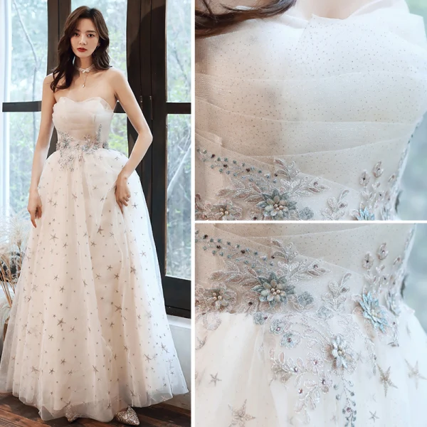 Fashion Champagne Evening Dresses  2020 A-Line / Princess Strapless Beading Star Lace Flower Sleeveless Backless Floor-Length / Long Formal Dresses