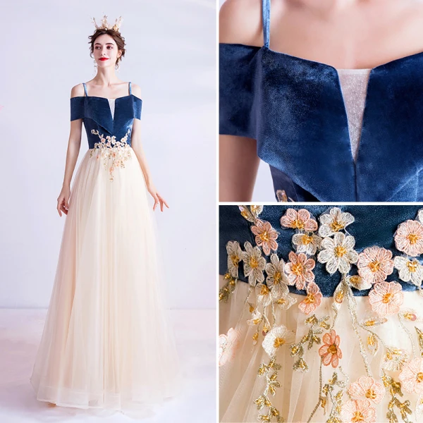 Elegant Navy Blue Prom Dresses 2020 A-Line / Princess Suede Spaghetti Straps Beading Sequins Lace Flower Short Sleeve Backless Floor-Length / Long Formal Dresses