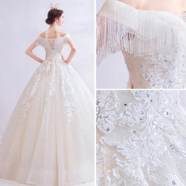 Charmant Ivory / Creme Brautkleider / Hochzeitskleider 2020 Ballkleid Off Shoulder Perlenstickerei Kristall Quaste Pailletten Spitze Blumen Kurze Ärmel Rückenfreies Lange