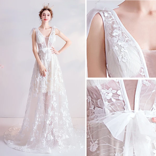 Erschwinglich Ivory / Creme Strand Brautkleider / Hochzeitskleider 2020 A Linie V-Ausschnitt Schleife Spitze Blumen Ärmellos Rückenfreies Hof-Schleppe