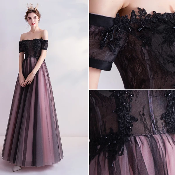 Charming Black Prom Dresses 2020 A-Line / Princess Off-The-Shoulder Crystal Lace Flower Short Sleeve Backless Floor-Length / Long Formal Dresses