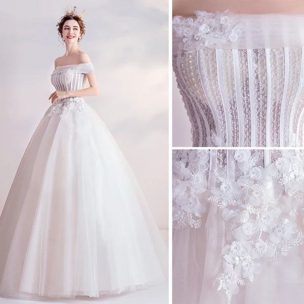 Affordable Ivory Wedding Dresses 2020 Ball Gown Off-The-Shoulder Crystal Lace Flower Appliques Sleeveless Backless Floor-Length / Long