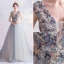 Élégant Bleu Ciel Robe De Bal 2020 Princesse V-Cou Perlage Faux Diamant En Dentelle Fleur Sans Manches Dos Nu Train De Balayage Robe De Ceremonie