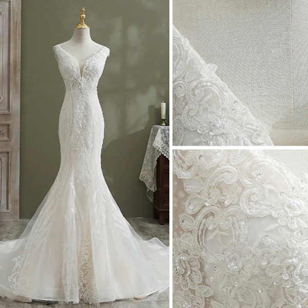 Charming Ivory Wedding Dresses 2021 Trumpet / Mermaid V-Neck Beading Pearl Sequins Lace Flower Sleeveless Backless Court Train Wedding