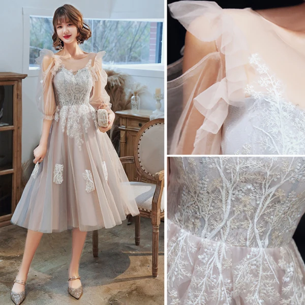 Classy Grey Homecoming Graduation Dresses 2020 A-Line / Princess Scoop Neck Lace Flower 1/2 Sleeves Backless Tea-length Formal Dresses