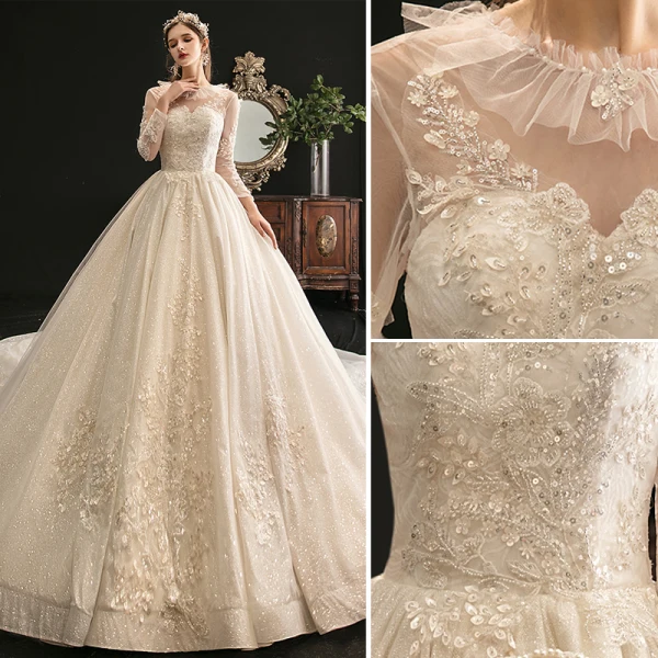 Charming Champagne Ball Gown Glitter Wedding Dresses 2020 Scoop Neck Beading Sequins Lace Flower 3/4 Sleeve Backless Cathedral Train
