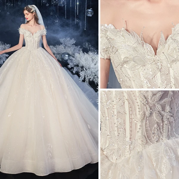 Mode Champagne Bröllopsklänningar 2020 Balklänning Av Axeln Beading Paljetter Spets Blomma Ärmlös Halterneck Royal Train