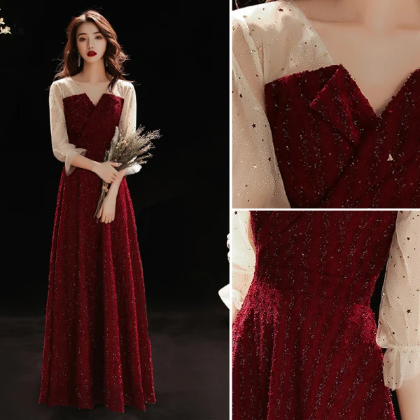 Fashion Burgundy Evening Dresses 2020 A-Line / Princess V-Neck Glitter Beading Star Sequins 3/4 Sleeve Floor-Length / Long Formal Dresses