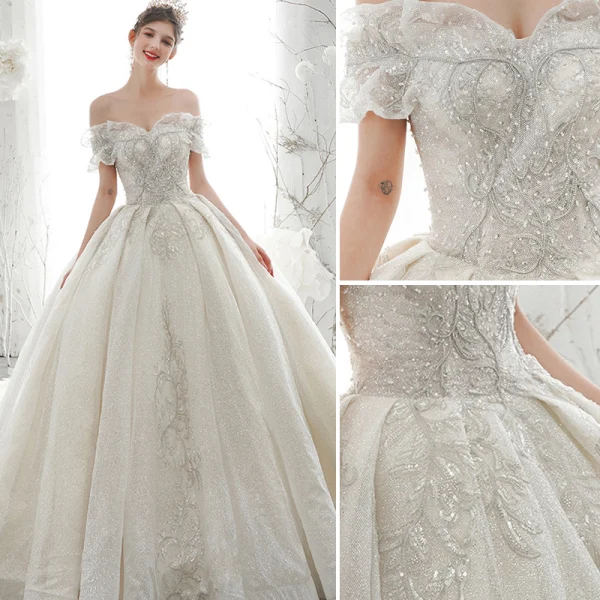 Luxury / Gorgeous Ivory Wedding Dresses 2020 Ball Gown Off-The-Shoulder Beading Glitter Sequins Pearl Lace Flower Short Sleeve Backless Royal Train