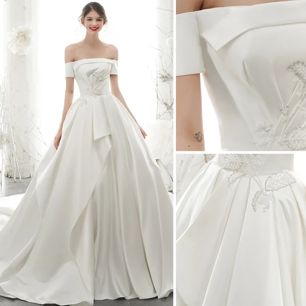 High End Ivory / Creme Satin Brautkleider / Hochzeitskleider 2020 A Linie Off Shoulder Perle Pailletten Kurze Ärmel Rückenfreies Kathedrale Schleppe