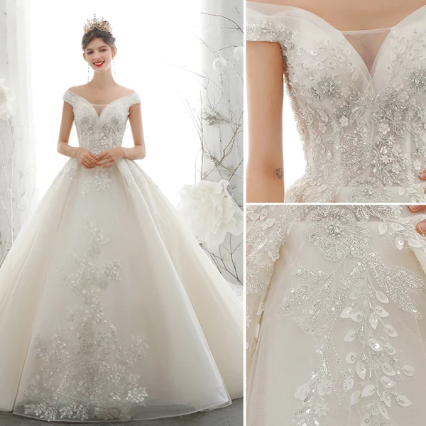 Luxury / Gorgeous Champagne Wedding Dresses 2020 Ball Gown Off-The-Shoulder Beading Rhinestone Sequins Lace Flower Appliques Sleeveless Backless Royal Train
