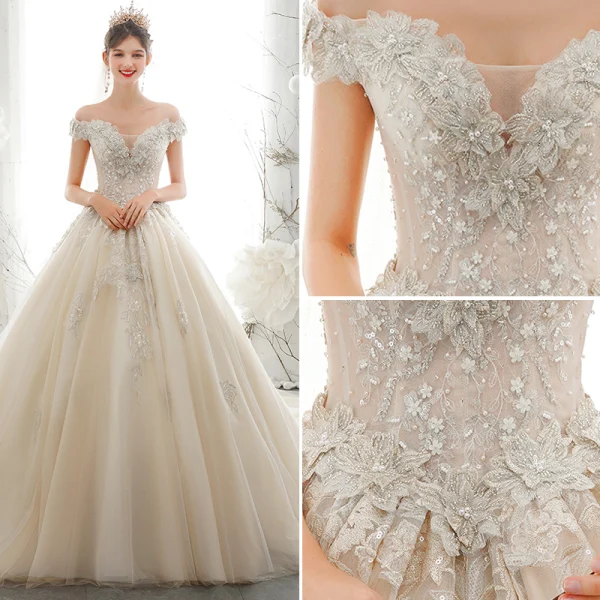 Luxe Champagne Robe De Mariée 2020 Princesse De l'épaule Paillettes Perlage Perle En Dentelle Fleur Appliques Sans Manches Dos Nu Royal Train
