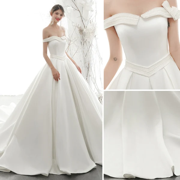 High-end Ivory Satin Wedding Dresses 2020 A-Line / Princess Off-The-Shoulder Pearl Sleeveless Backless Royal Train