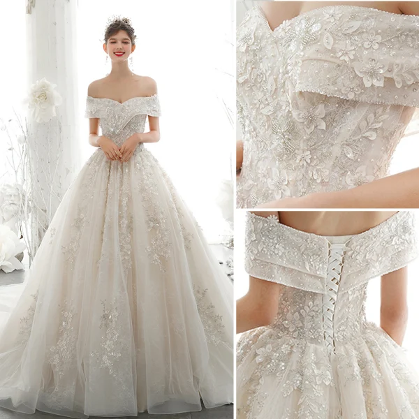 Luxury / Gorgeous Champagne Wedding Dresses 2020 A-Line / Princess Off-The-Shoulder Beading Pearl Sequins Lace Flower Appliques Short Sleeve Backless Royal Train