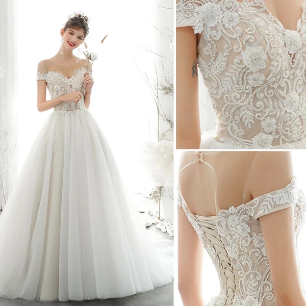 Elegant Ivory Wedding Dresses 2020 A-Line / Princess Scoop Neck Beading Pearl Rhinestone Lace Flower Short Sleeve Backless Chapel Train