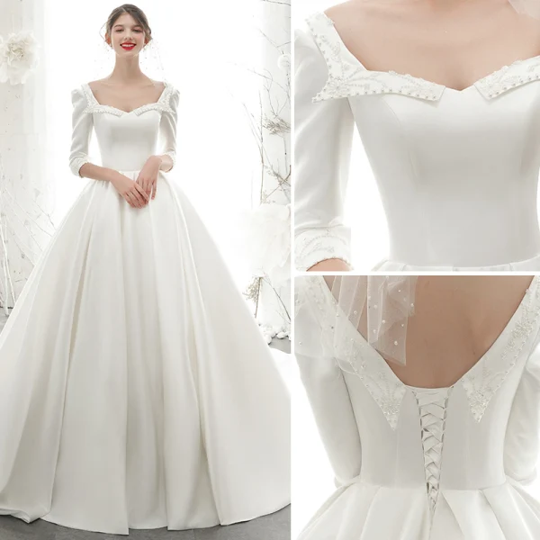 Simple Ivoire Satin Robe De Mariée 2020 Princesse Encolure Carrée Perlage Perle 1/2 Manches Dos Nu Cathedral Train