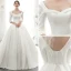 Simple Ivoire Satin Robe De Mariée 2020 Princesse Encolure Carrée Perlage Perle 1/2 Manches Dos Nu Cathedral Train