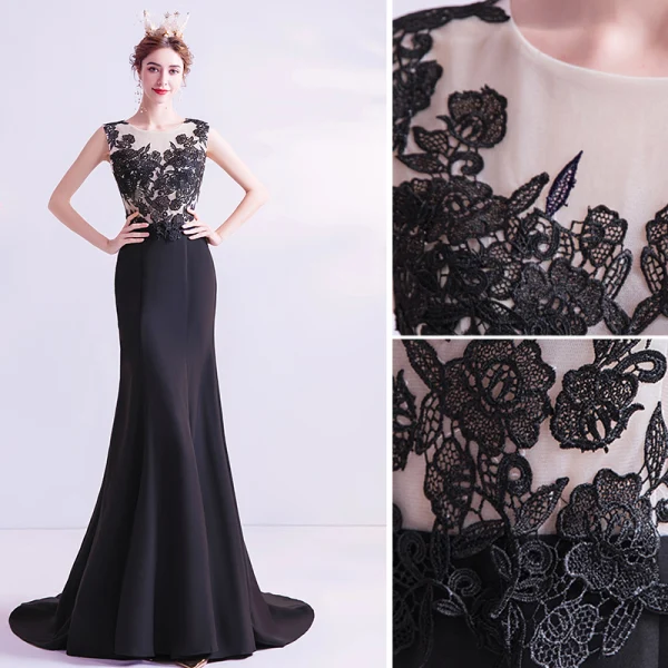 Elegant Black Evening Dresses 2020 Trumpet / Mermaid Scoop Neck Lace Flower Sleeveless Sweep Train Formal Dresses