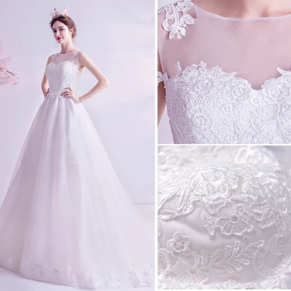 Abordable Ivoire Robe De Mariée 2020 Princesse Encolure Dégagée En Dentelle Fleur Sans Manches Chapel Train