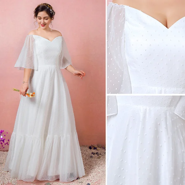 Modest / Simple White Plus Size Wedding Dresses 2021 A-Line / Princess Off-The-Shoulder 1/2 Sleeves Backless Floor-Length / Long Wedding