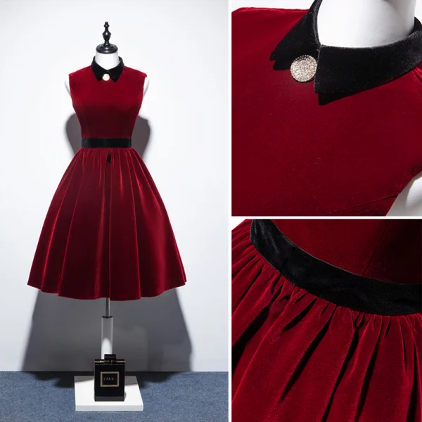 Classy Burgundy Suede Homecoming Graduation Dresses 2020 A-Line / Princess High Neck Sleeveless Knee-Length Formal Dresses