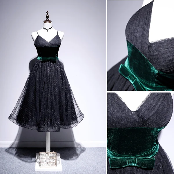 Fashion Black Homecoming Spotted Little Black Dress 2020 A-Line / Princess Spaghetti Straps Suede Bow Sleeveless Backless Tea-length Graduation Dresses