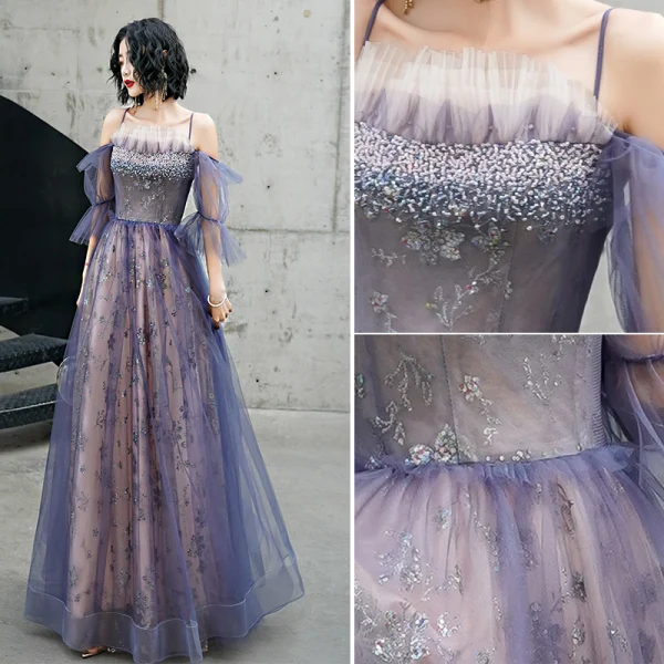 Charming Purple Evening Dresses  2020 Ball Gown A-Line / Princess Spaghetti Straps Beading Lace Sequins Flower Short Sleeve Backless Floor-Length / Long Formal Dresses