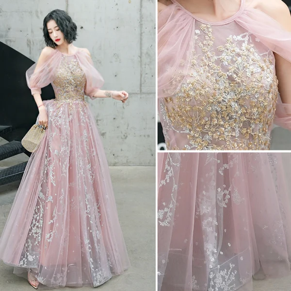 Fashion Blushing Pink Evening Dresses  2020 A-Line / Princess Halter Beading Glitter Sequins Lace Flower Short Sleeve Backless Floor-Length / Long Formal Dresses