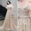 Charming Champagne Evening Dresses  2020 A-Line / Princess Spaghetti Straps Sequins Lace Flower Short Sleeve Backless Sweep Train Formal Dresses