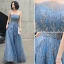Charmant Meeresblau Abendkleider 2020 A Linie Bandeau Glanz Perlenstickerei Pailletten Ärmellos Rückenfreies Lange Festliche Kleider