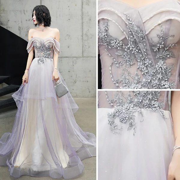 Charmant Violet Glitter Robe De Soirée 2020 Princesse De l'épaule Perlage En Dentelle Fleur Manches Courtes Dos Nu Train De Balayage Robe De Ceremonie