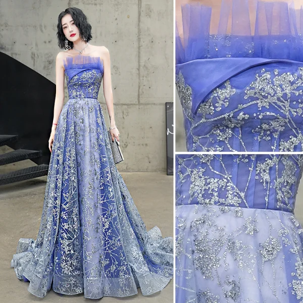 Glitzernden Meeresblau Abendkleider 2020 A Linie Bandeau Glanz Perlenstickerei Pailletten Ärmellos Rückenfreies Hof-Schleppe Festliche Kleider