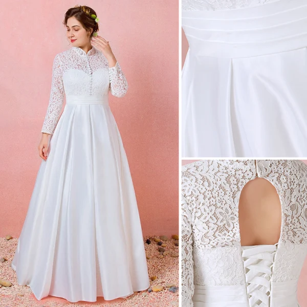 Modest / Simple Ivory Lace Flower Plus Size Wedding Dresses 2021 A-Line / Princess High Neck Long Sleeve Backless Floor-Length / Long Wedding
