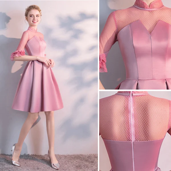 Chic / Beautiful Candy Pink Homecoming Graduation Dresses 2020 A-Line / Princess High Neck 1/2 Sleeves Knee-Length Formal Dresses