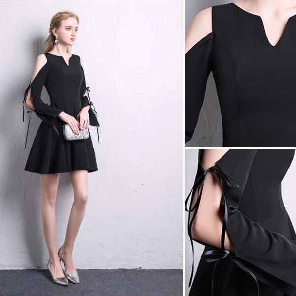 Chic / Beautiful Black Homecoming Graduation Dresses 2020 A-Line / Princess V-Neck 3/4 Sleeve Short Formal Dresses