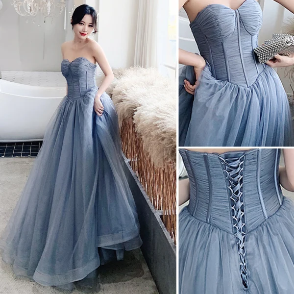 Classy Sky Blue Evening Dresses  2020 A-Line / Princess Strapless Sleeveless Backless Floor-Length / Long Formal Dresses
