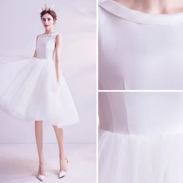 Simple Blanche Robe De Mariée Princesse 2020 Bouton recouvert Encolure Dégagée Perlage Sans Manches Mi-Longues